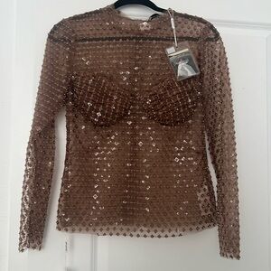 Self Portrait Dot Sequin Mesh Long Sleeve Top Brown Size 6